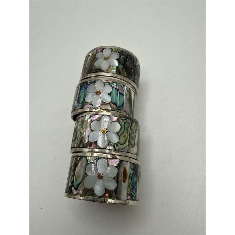 Set Of Four Vintage Mother Of Pearl Flower And Alpaca Shell Napkin Rings